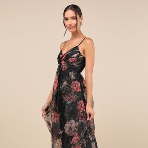 Lulus Truly Extraordinary Black Floral Organza Pleated Maxi Dress - Size S